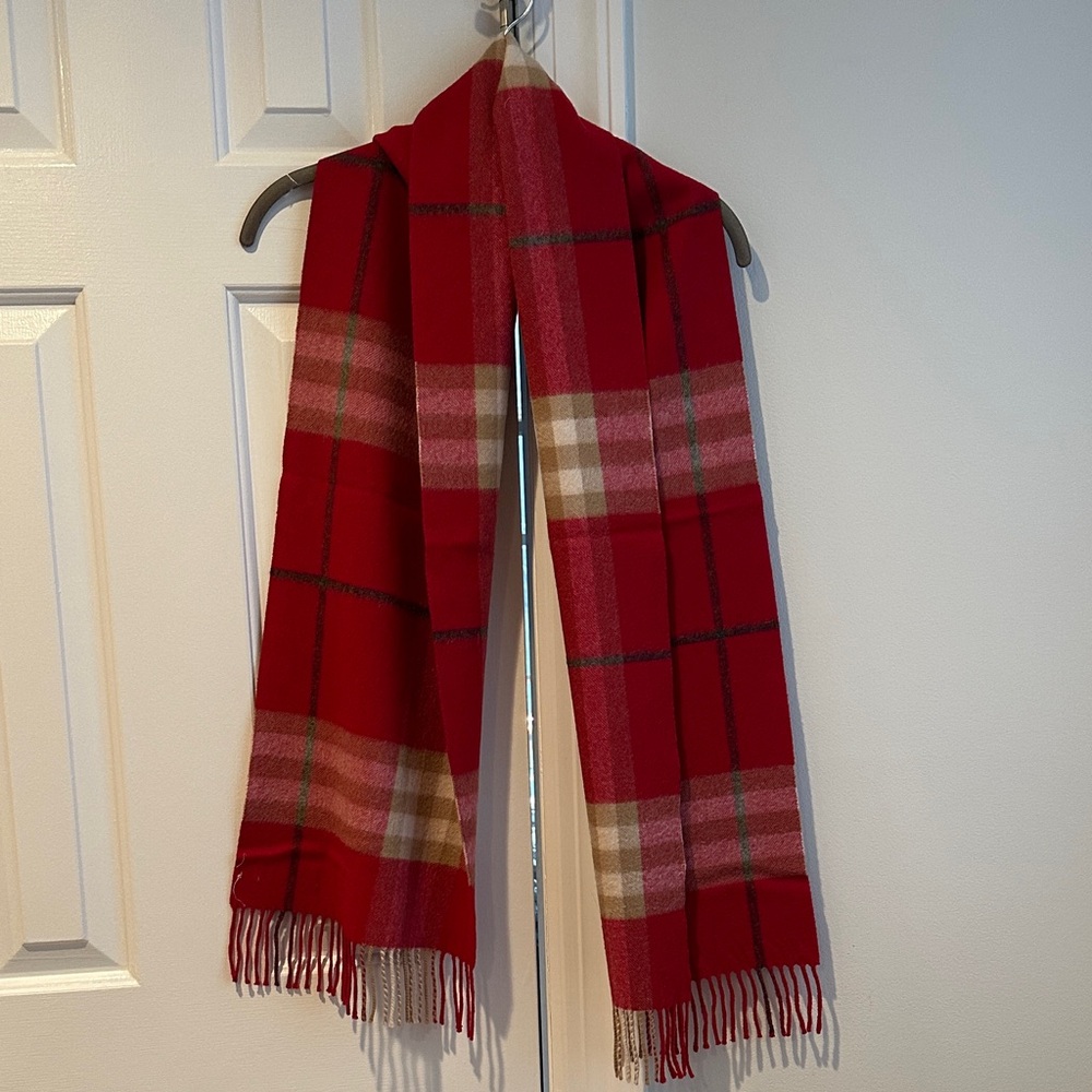 Burberry Red, Camel And Charcoal Grey  Plaid Cashmere Scarf